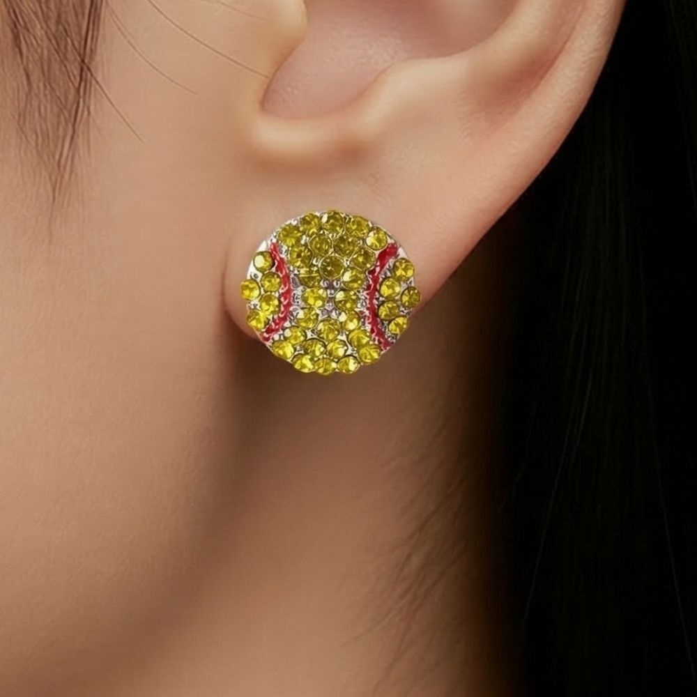 Softball Rhinestone Stud Earrings Yellow CZ Red Stitch Sports Jewelry Game Day
